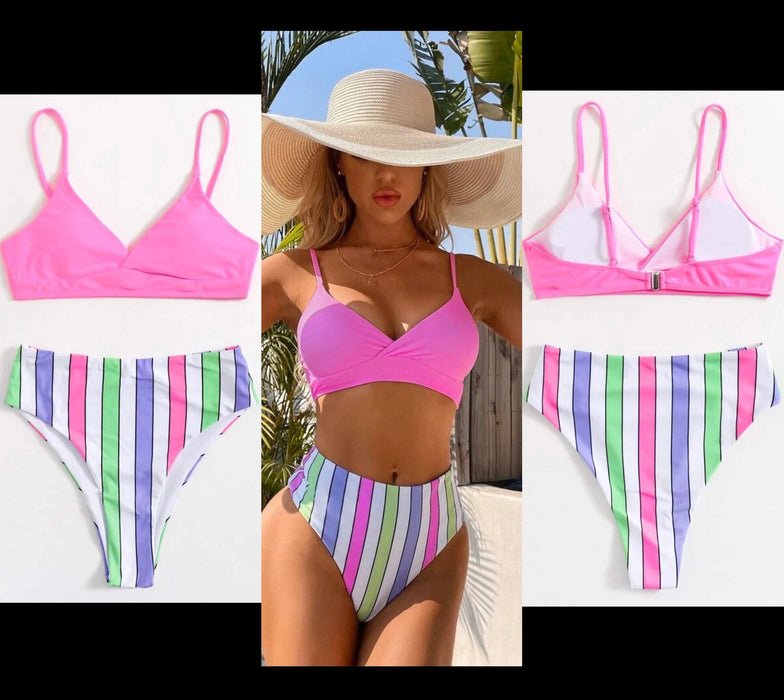 Pink striped print bikini swimsuit