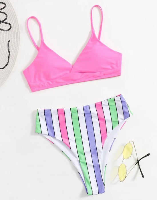 Pink striped print bikini swimsuit