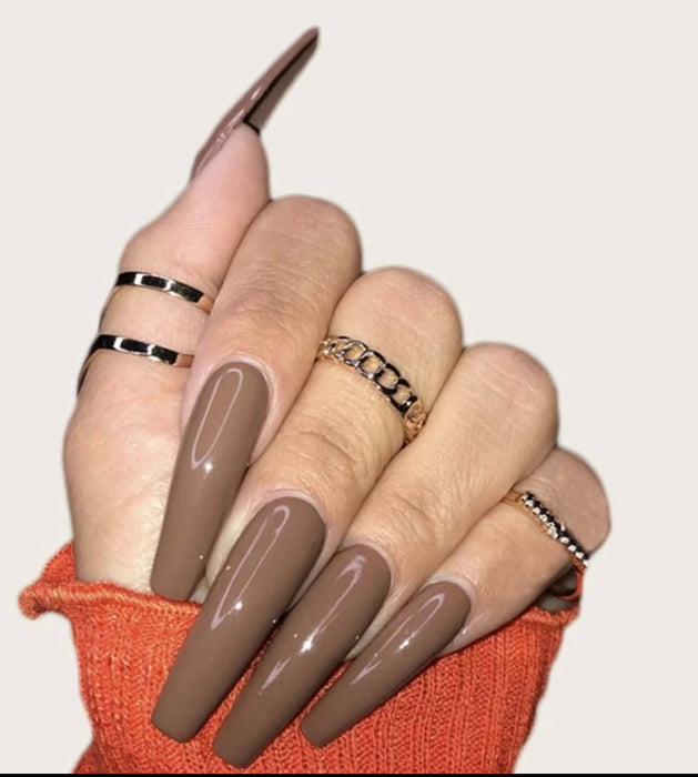 Brown long fake nails mat color