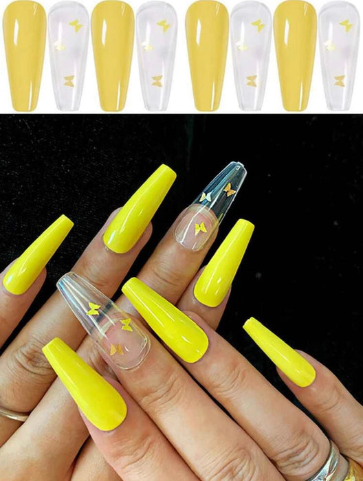 Faux ongles jaune transparent papillon couleur mat