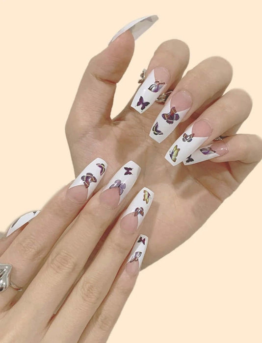 White butterfly fake nails mat color